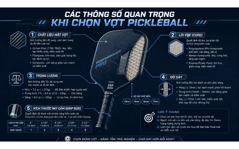 Các thông số quan trọng khi chọn vợt Pickleball