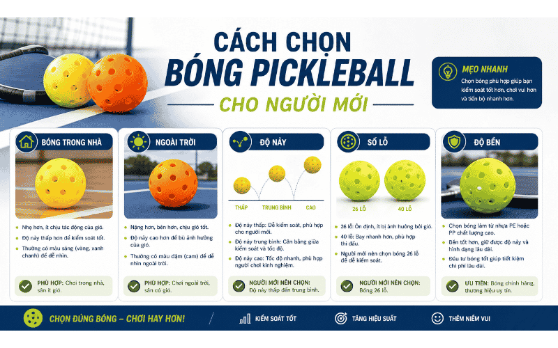 Cách Chọn Bóng Pickleball Cho Người Mới: Bóng Trong Nhà, Ngoài Trời, Độ Nảy, Số Lỗ Và Độ Bền