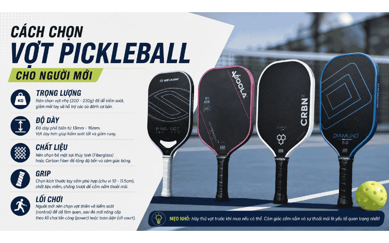 Cách Chọn Vợt Pickleball Cho Người Mới: Trọng Lượng, Độ Dày, Chất Liệu, Grip Và Lối Chơi