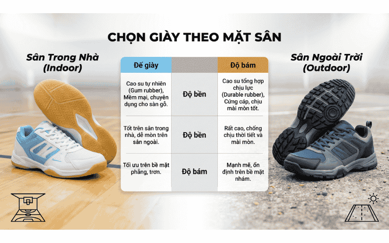 Chọn giày theo mặt sân trong nhà và ngoài trời