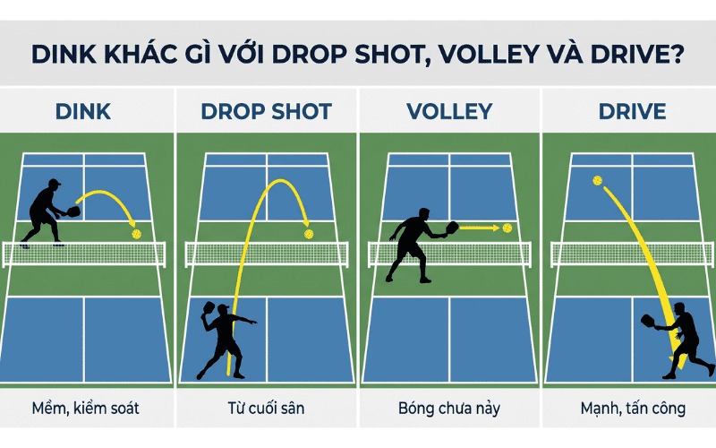 Dink khác gì với drop shot, volley và drive?