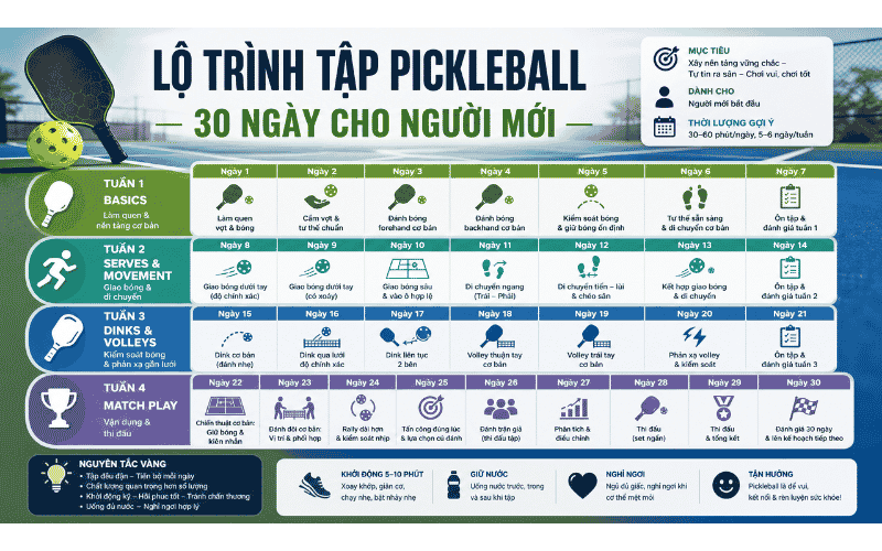 Lộ Trình Tập Pickleball 30 Ngày Cho Người Mới: Từ Cơ Bản Đến Tự Tin Ra Sân