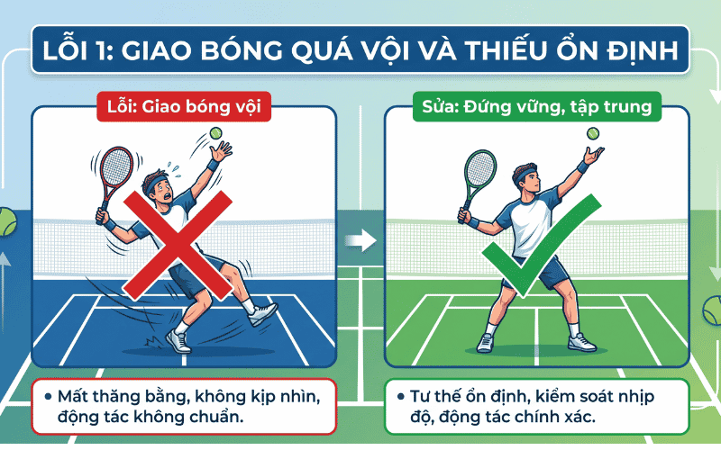 Lỗi 1: Giao bóng quá vội và thiếu ổn định