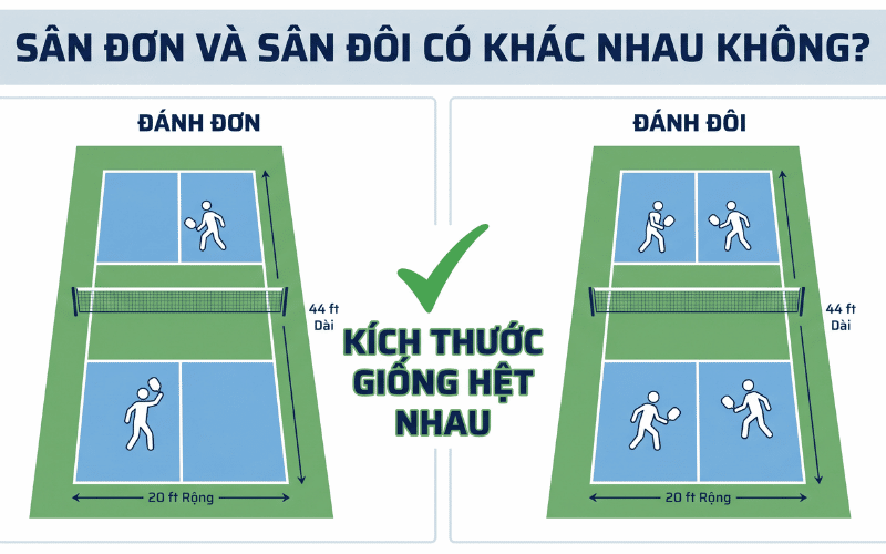 Sân Pickleball đánh đơn và đánh đôi có khác nhau không?