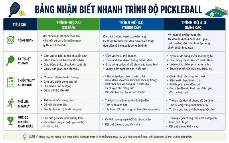 Bảng nhận biết nhanh trình độ Pickleball