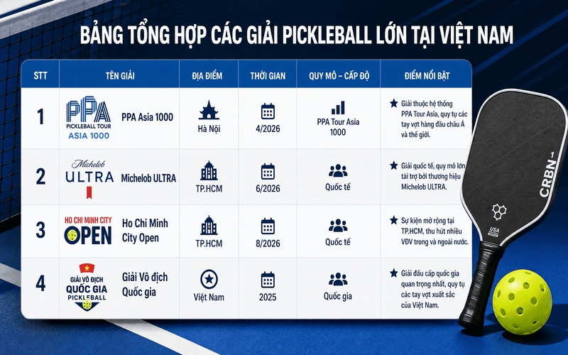 Bảng tổng hợp các giải Pickleball lớn tại Việt Nam