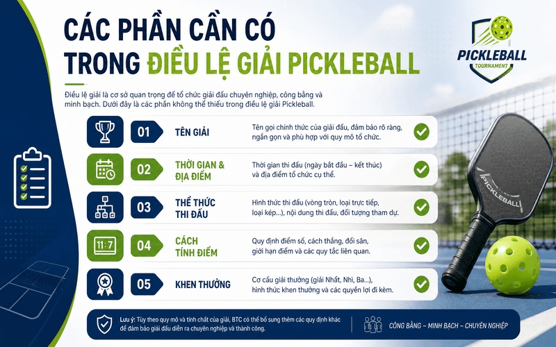 Các phần cần có trong điều lệ giải Pickleball