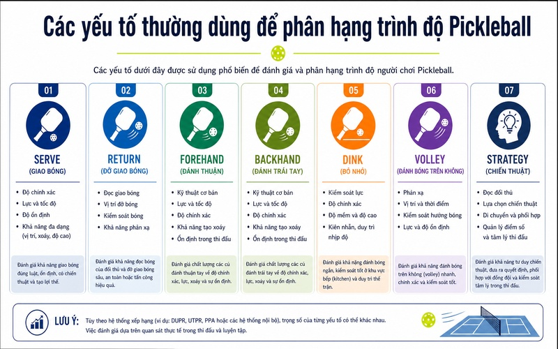 Các yếu tố thường dùng để phân hạng trình độ Pickleball