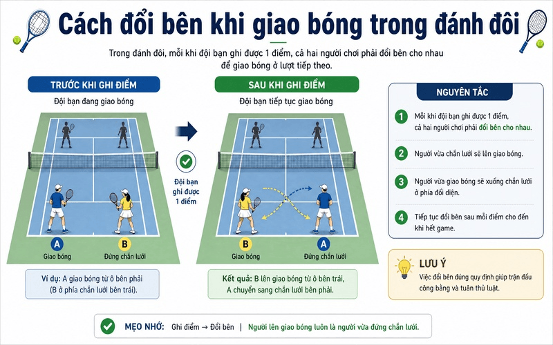 Cách đổi bên khi giao bóng trong đánh đôi