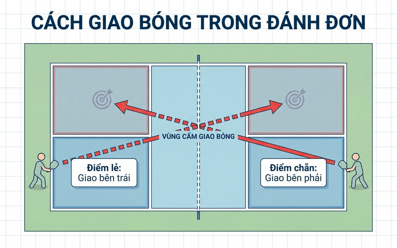 Cách giao bóng trong đánh đơn Pickleball
