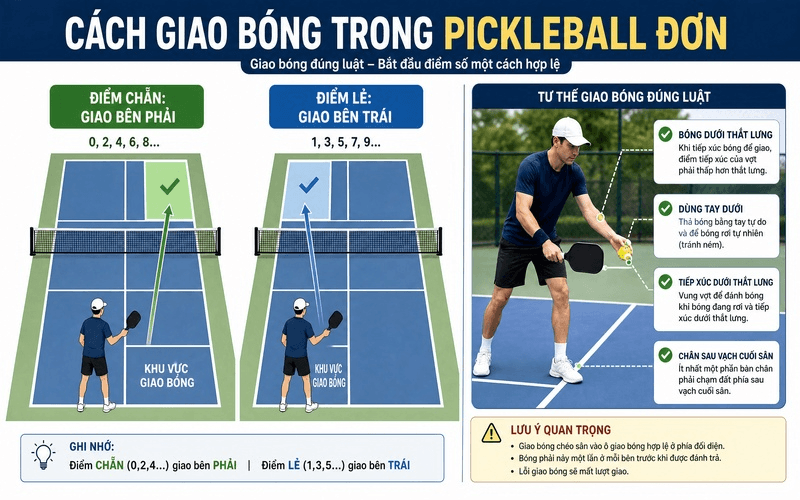 Cách giao bóng trong Pickleball đơn