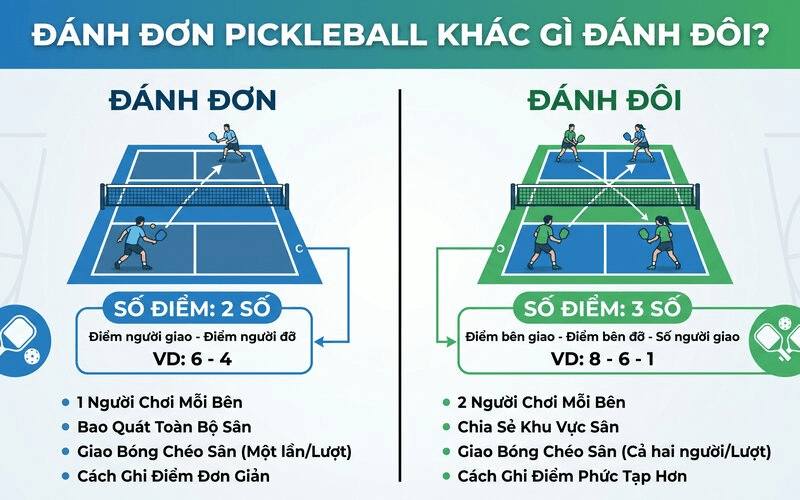 Đánh đơn Pickleball khác gì đánh đôi?