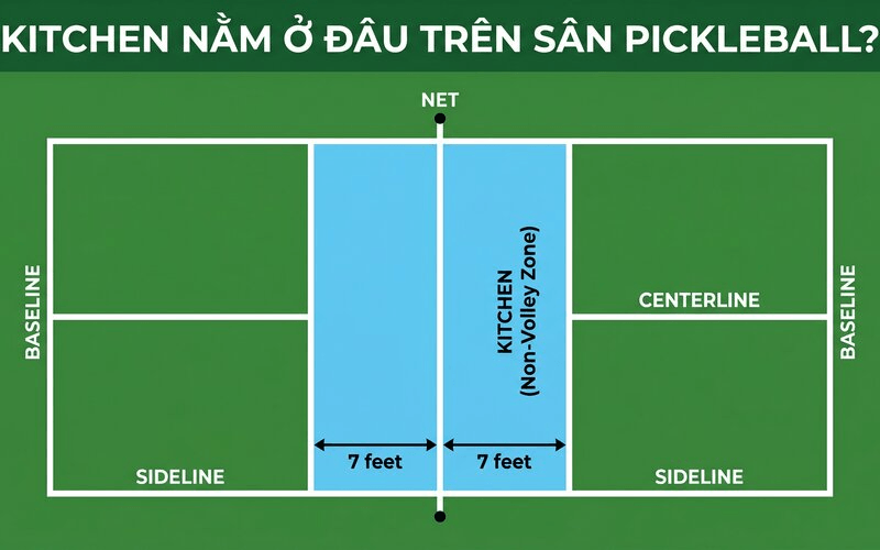 Kitchen nằm ở đâu trên sân Pickleball?