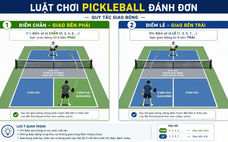 Luật chơi Pickleball đánh đơn
