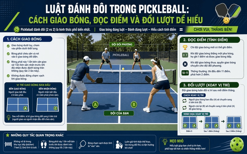 Luật đánh đôi trong Pickleball: Cách giao bóng, đọc điểm và đổi lượt dễ hiểu