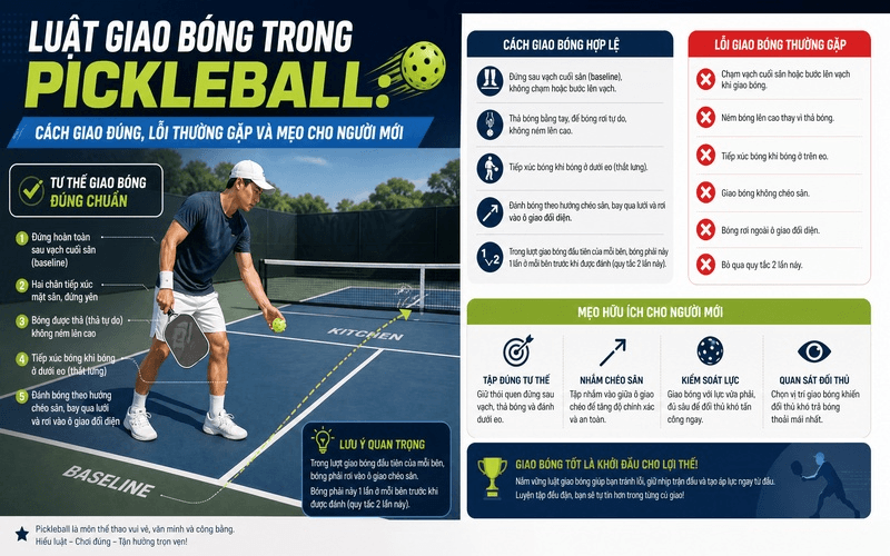 Luật giao bóng trong Pickleball: Cách giao đúng, lỗi thường gặp và mẹo cho người mới