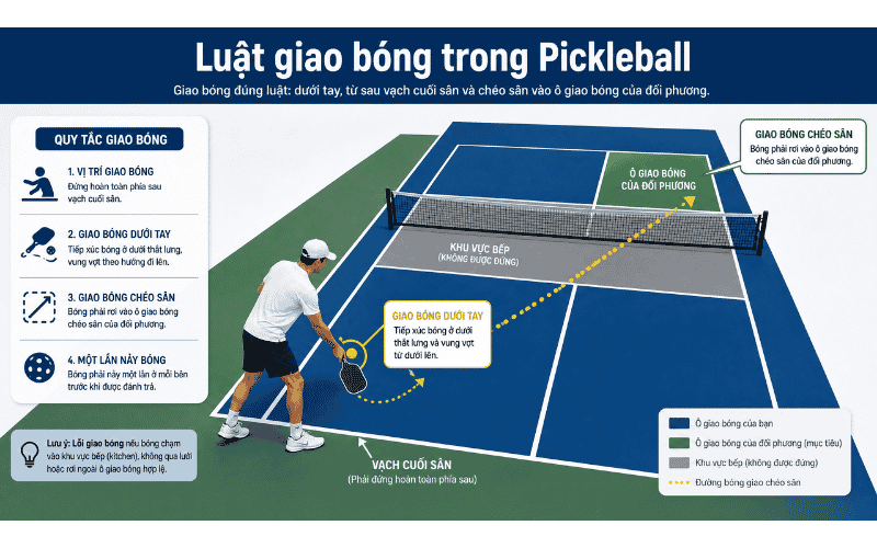 Luật giao bóng trong Pickleball