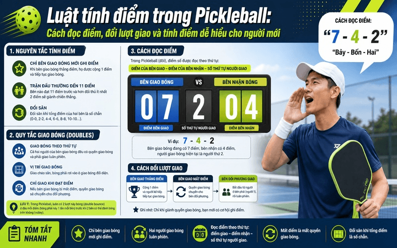 Luật tính điểm trong Pickleball: Cách đọc điểm, đổi lượt giao và tính điểm dễ hiểu cho người mới