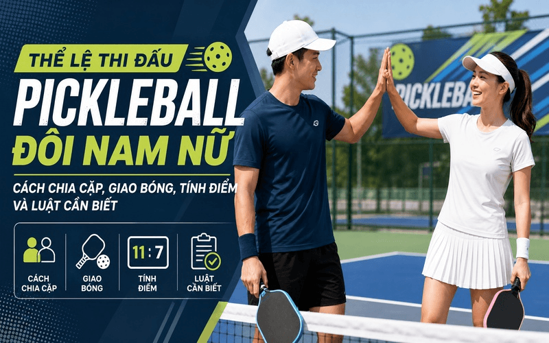 Thể lệ thi đấu Pickleball đôi nam nữ: Cách chia cặp, giao bóng, tính điểm và luật cần biết